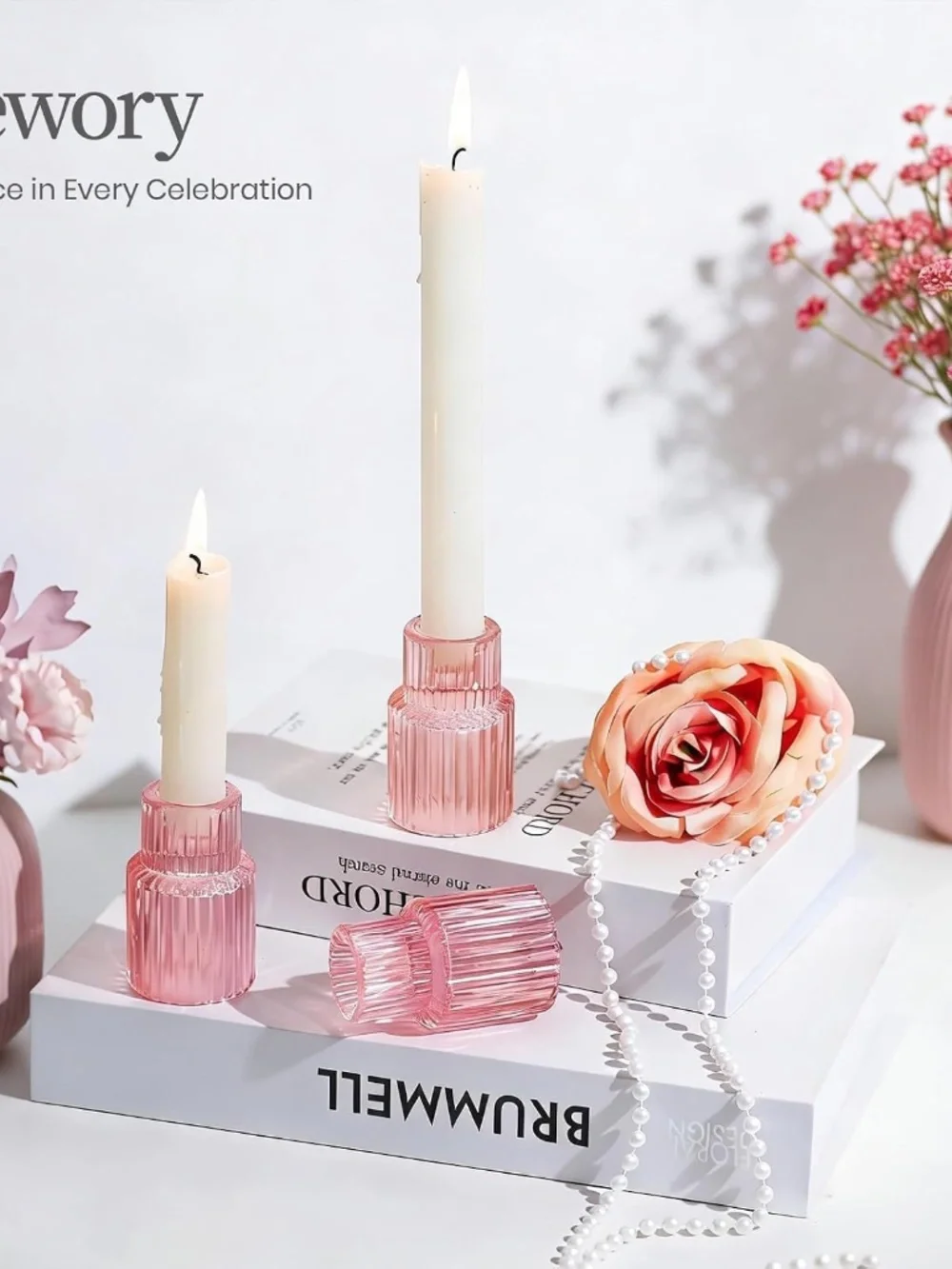 Hewory Glass Pink Candle Holder Bulk Set of 10 Valentines Taper Candle Holders